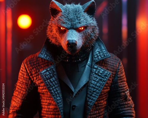 A stylized wolf character in a futuristic outfit with glowing eyes.