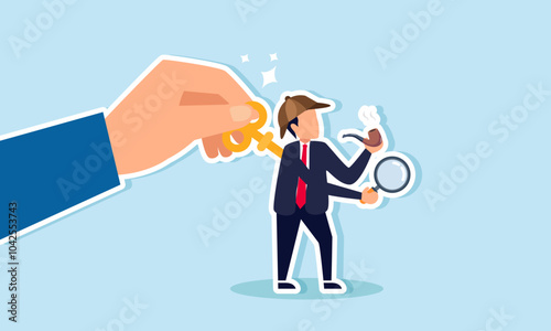 A hand is turning a key on the back of a businessman acting as a detective, holding a magnifying glass and a cigarette, illustrating the lead role in a business investigation