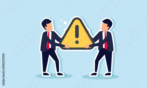 Two businessmen are collaborating to carry a triangle sign labeled with an exclamation mark meaning caution, illustrating teamwork in reminding each other for successful business collaboration