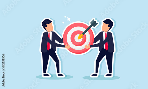 Two businessmen are collaborating to carry a target board, illustrating teamwork and collaboration between companies in a joint business project agreement