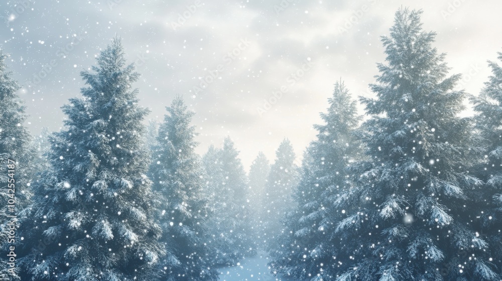In the heart of winter, tall pine trees stand clothed in white, while soft snowflakes drift from a grey sky, creating a serene ambiance illuminated by gentle light filtering through the clouds. In the heart of winter, tall pine trees stand clothed in white, while soft snowflakes drift from a grey sky, creating a serene ambiance illuminated by gentle light filtering through the clouds.