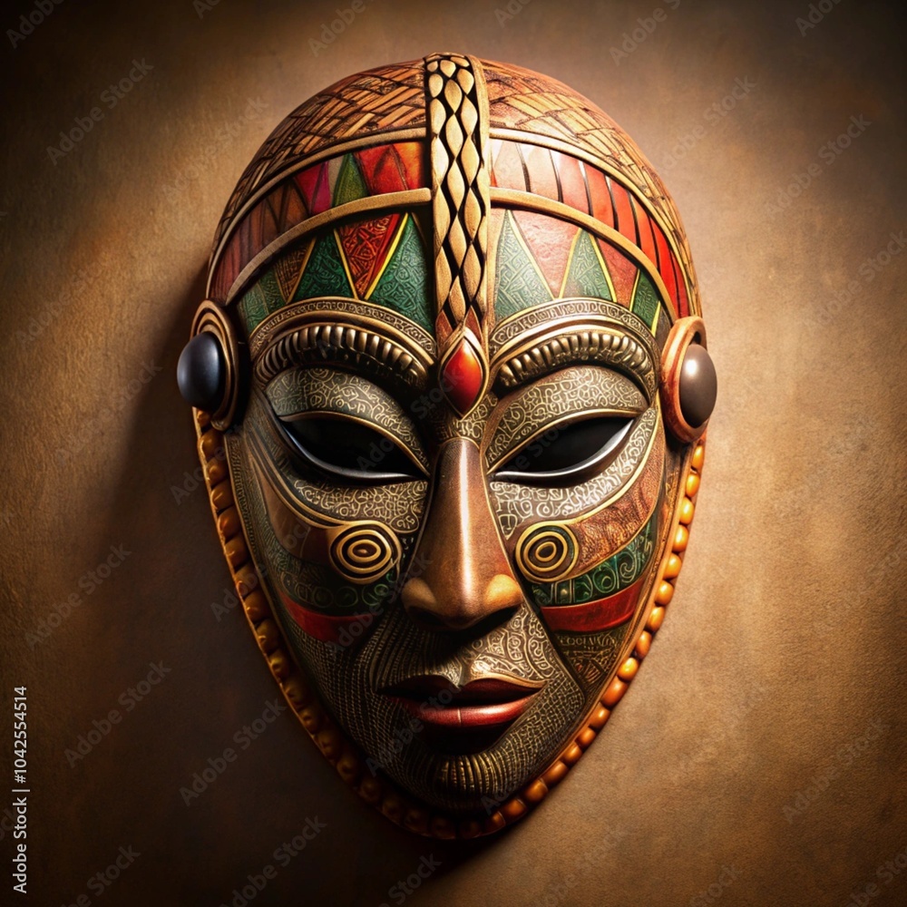 Colorful African tribal mask with intricate patterns on wall