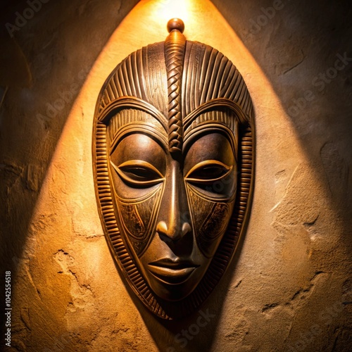 African tribal mask with dramatic lighting on textured wall photo