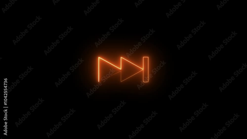 Abstract brown neon digital  media speed forward in right icon glowing on black background, 