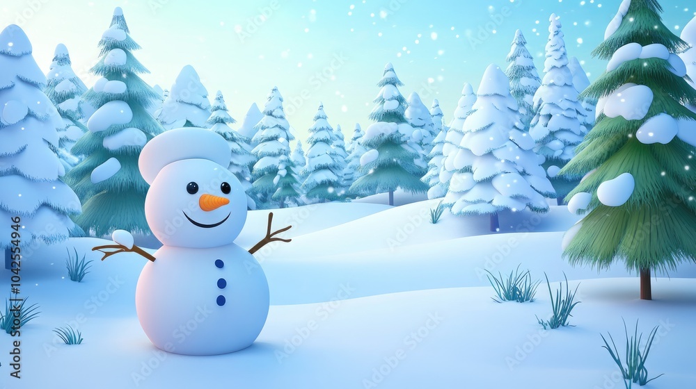 Obraz premium A Cheerful Snowman in a Snowy Forest