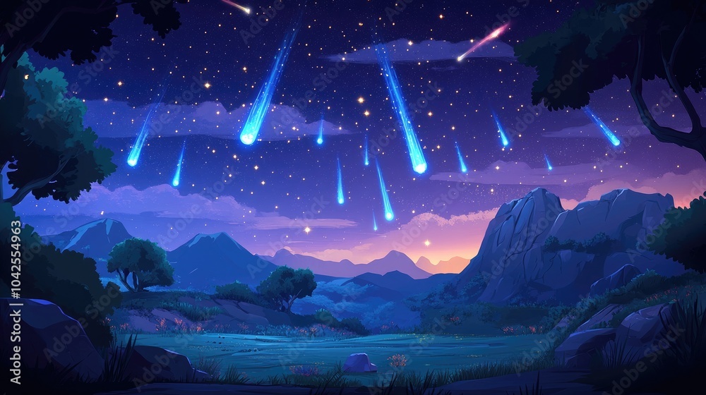Obraz premium A Nighttime Landscape with Shooting Stars and a Mountain Range