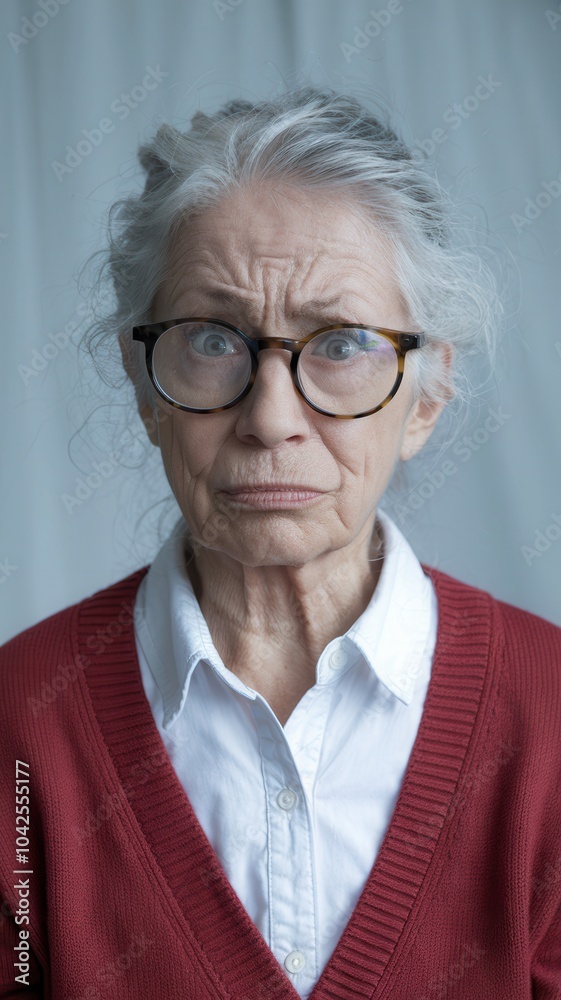 Older woman wearing red cardigan and glasses, showing concern or worry Older woman wearing red cardigan and glasses, showing concern or worry