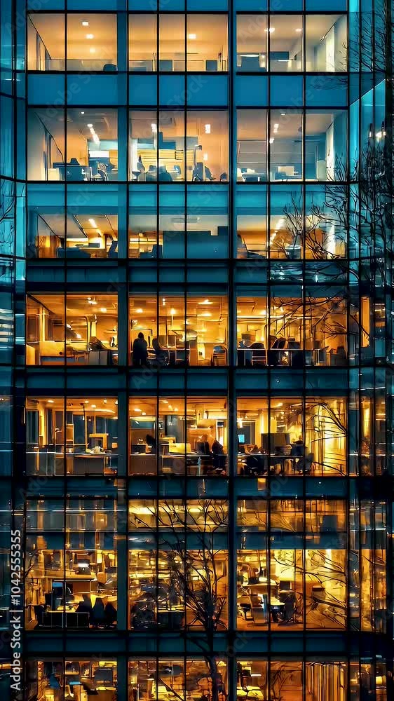 Illuminated modern residential building at night, featuring warm lighting and reflections on glass, showcasing vibrant office spaces and essence of urban life. Illuminated modern residential building at night, featuring warm lighting and reflections on glass, showcasing vibrant office spaces and essence of urban life.