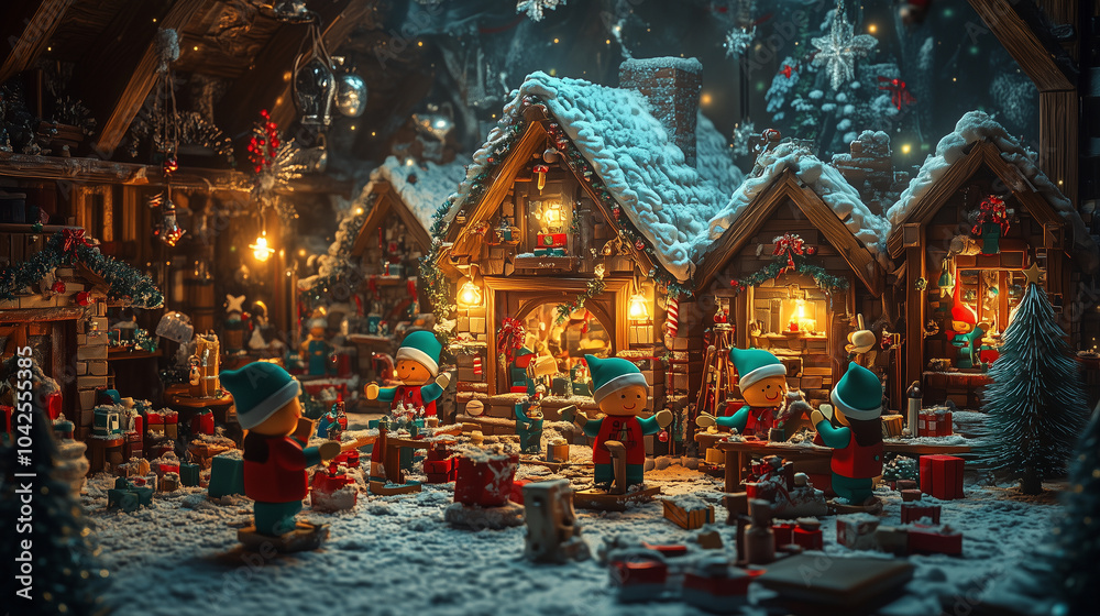 Fototapeta premium Santas elves creating christmas presents at the north pole