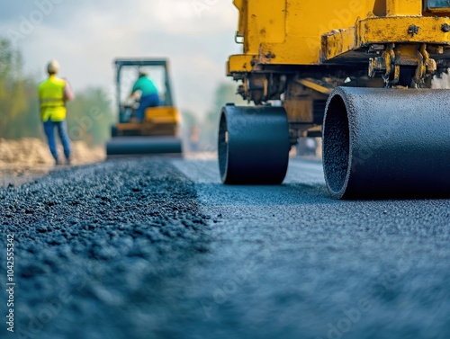 A construction scene showing asphalt being laid on a road, with heavy machinery and workers in the background.