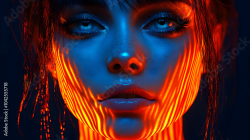 A striking portrait illuminated with vibrant blue and orange light.