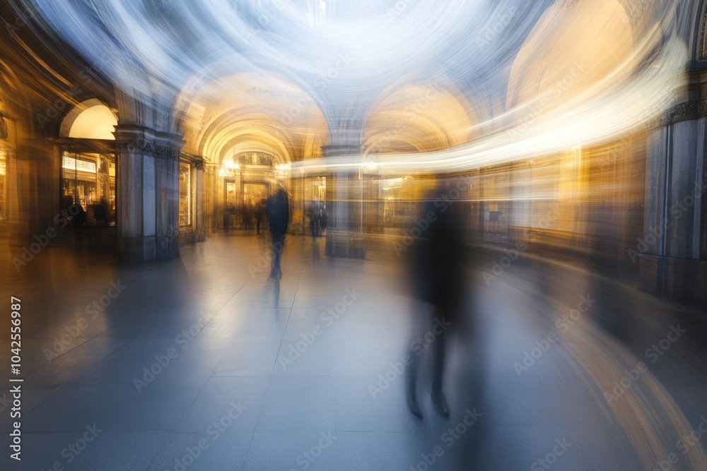 Fototapeta premium A blurred image of people walking through a grand arcade, creating streaks of motion.