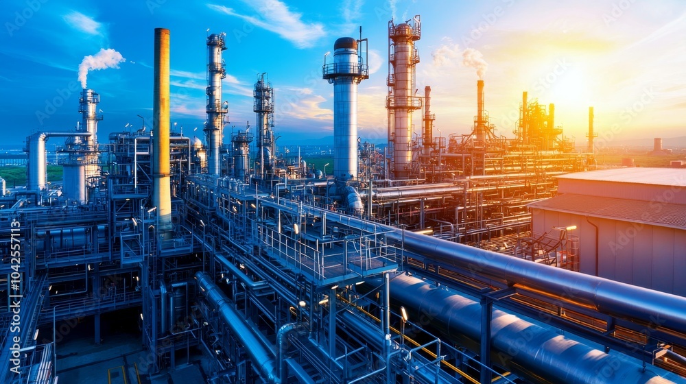 Industrial Aerial View of Oil Refinery Plant with Complex Networks of Metal Piping and Structures Industrial Aerial View of Oil Refinery Plant with Complex Networks of Metal Piping and Structures