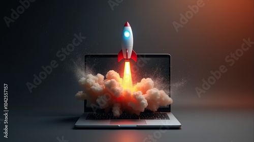 A rocket launching from a laptop, symbolizing innovation and technology in a dynamic digital environment