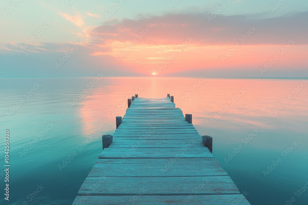 Obraz premium A wooden pier extends into a calm lake at sunset, with a vibrant sky in the background.