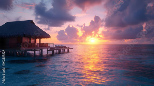 Serene sunset over ocean with a wooden bungalow on stilts.