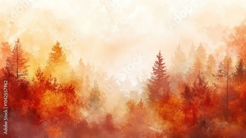 A serene autumn landscape with trees in warm hues and a misty atmosphere.