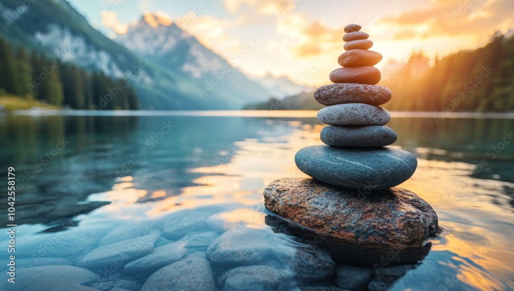 A zen stone stack in a tranquil lake with mountain background at sunset. A zen stone stack in a tranquil lake with mountain background at sunset.