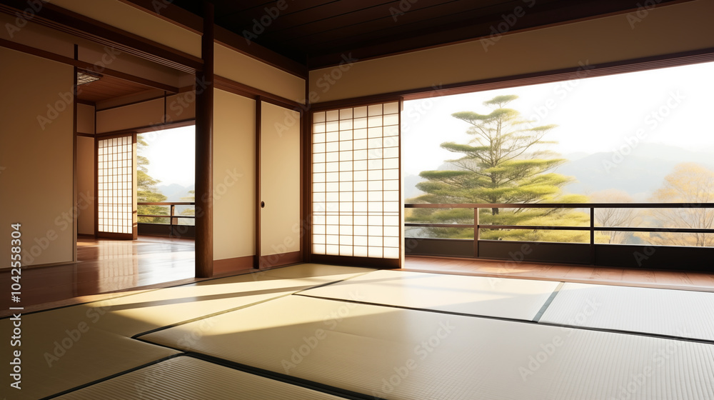 Fototapeta premium A corner of a Japanese style office space for Zoom background, backdrop, wallpaper interior design