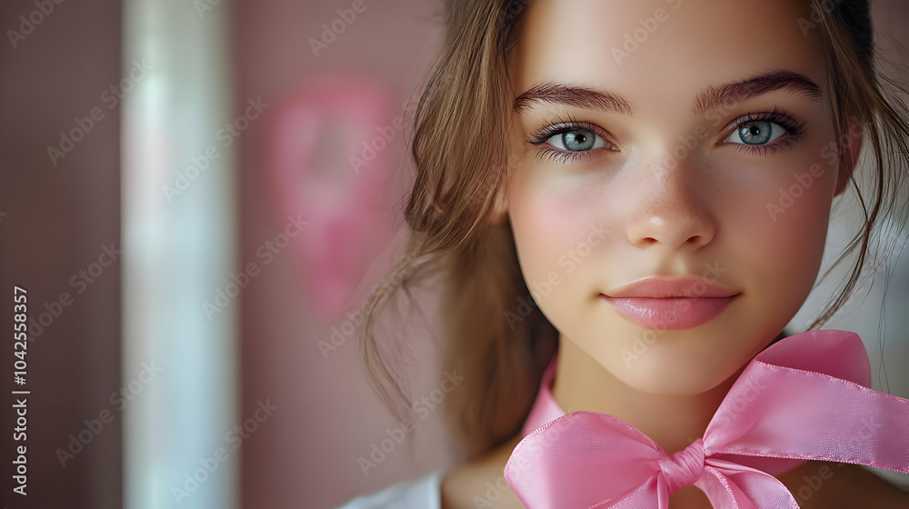 Beautiful Woman with Pink Bow and Blue Eyes, Stunning Portrait Beautiful Woman with Pink Bow and Blue Eyes, Stunning Portrait