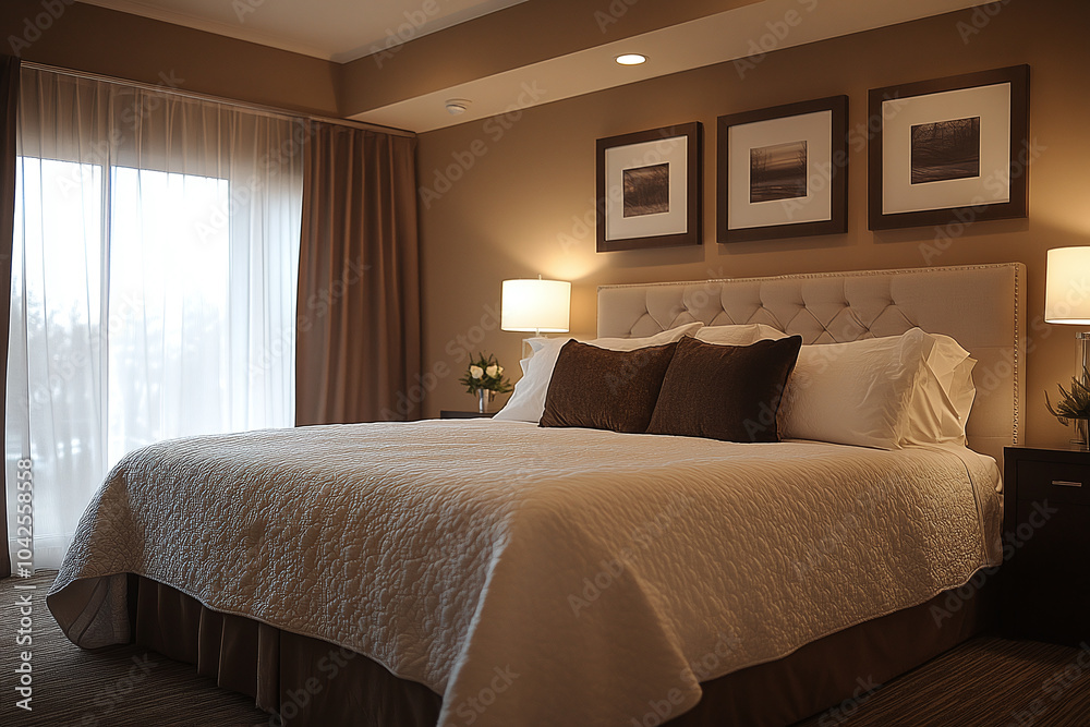 Elegant master suite with a king-size bed, luxurious bedding, and soft lighting. Elegant master suite with a king-size bed, luxurious bedding, and soft lighting.