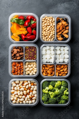 A variety of healthy snacks organized in clear containers for easy access.