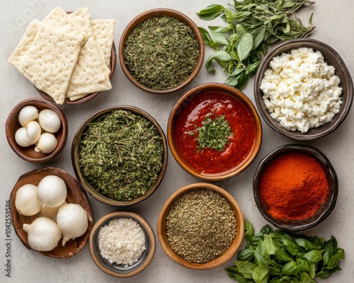 A variety of herbs, spices, and cheeses arranged for cooking.