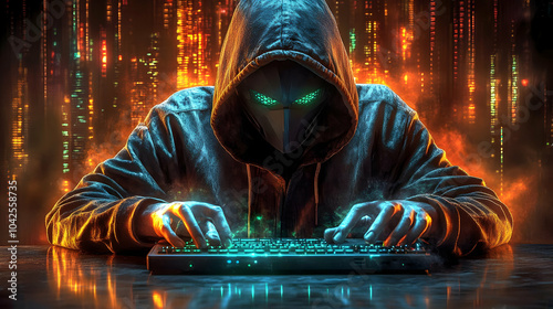 A hooded figure typing on a...
