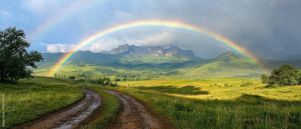 Fototapeta premium A Rainbow Arcing Over a Mountainous Meadow with a Winding Dirt Road