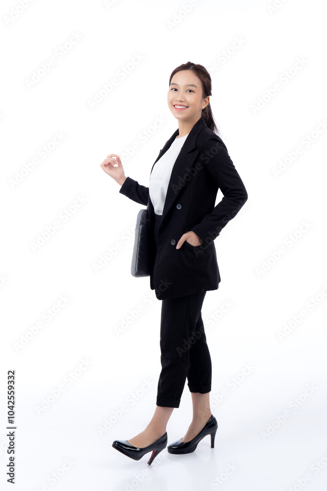 Beautiful portrait young business asian woman holding a briefcase isolated white background, confident businesswoman holding document bag, one person, employee contemporary, cut out. Beautiful portrait young business asian woman holding a briefcase isolated white background, confident businesswoman holding document bag, one person, employee contemporary, cut out.