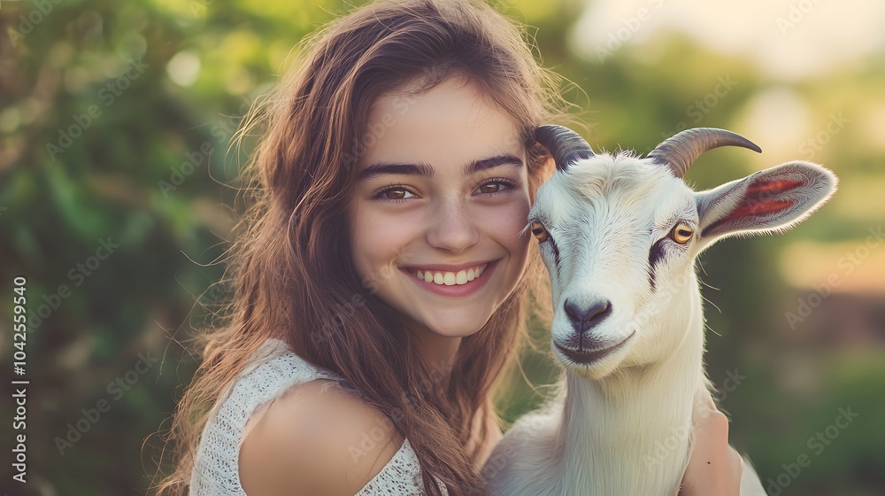 Portrait of a beautiful young woman with a goat. Portrait of a beautiful young woman with a goat.