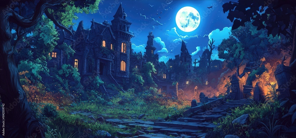 Obraz premium A Mystical Stone Mansion Under a Full Moon in a Dark Forest