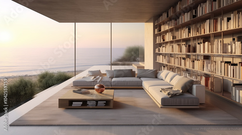 A modern library with bookshelves in an open air Zoom background backdrop wallpaper interior design