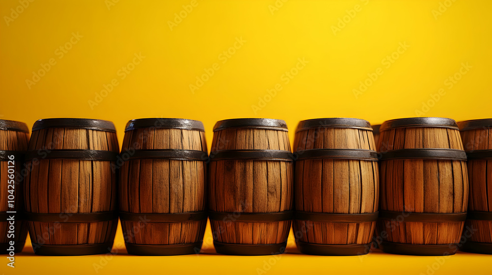 Wooden Barrels Lined Up Against Yellow Background Wooden Barrels Lined Up Against Yellow Background