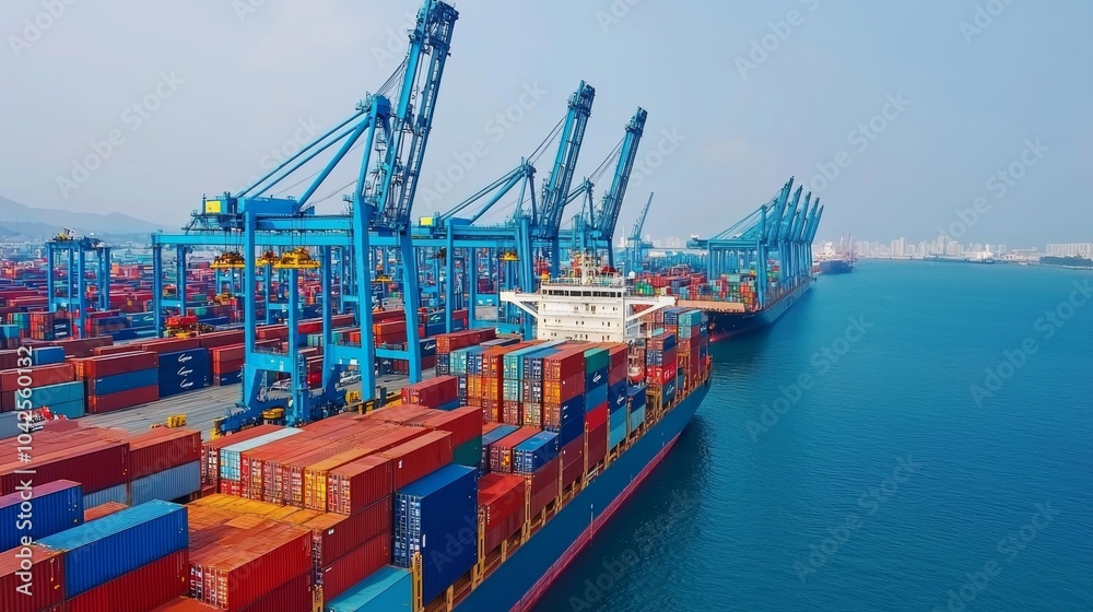 Fototapeta premium Efficient Logistics Management at Busy Port - Container Ship Being Loaded by Cranes, Global Trade Concept