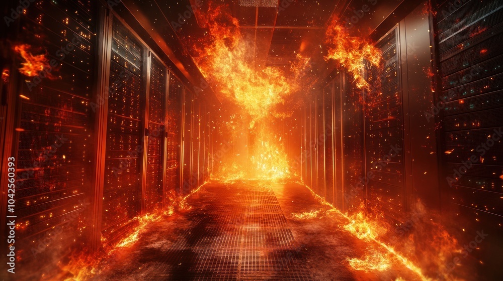 Fototapeta premium A fiery scene in a data center, depicting chaos and destruction among server racks.