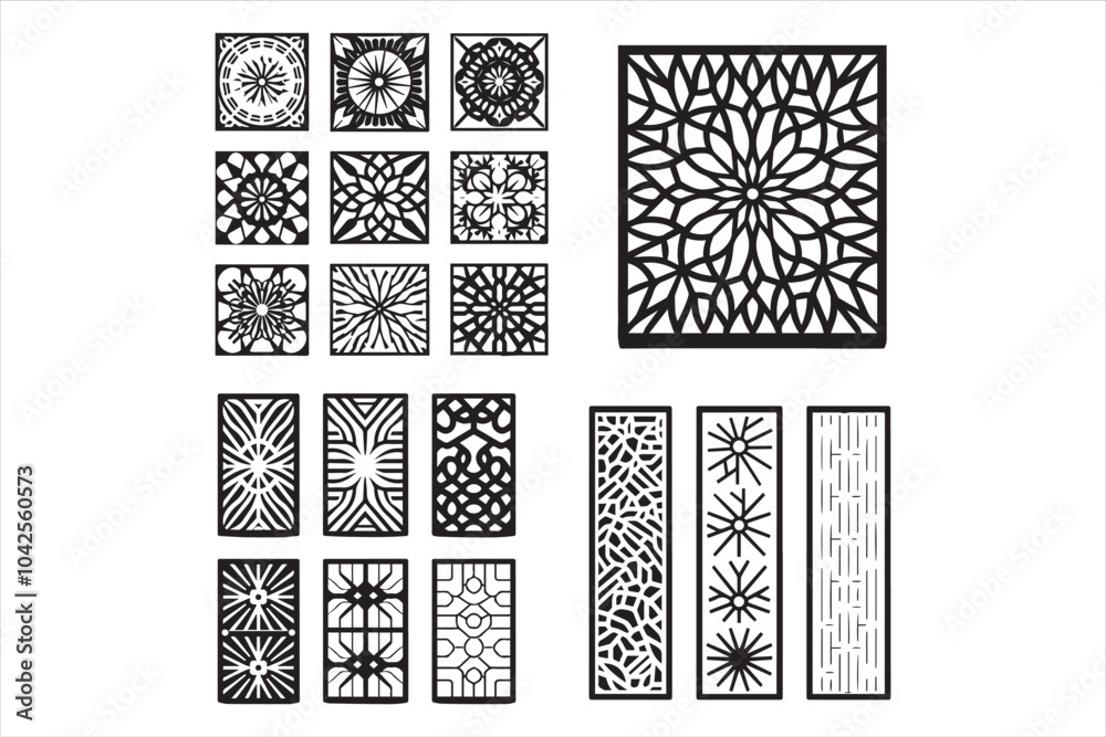 Black and white patterns with Islamic and geometric motifs for conk and laser cutting Black and white patterns with Islamic and geometric motifs for conk and laser cutting