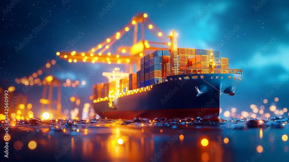 Obraz premium Glowing Port Cranes at Night - Seamless 24/7 Logistics Operations for Global Trade