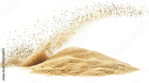 Sand falling on a white background - a delicate and captivating sight. This image shows sand gracefully falling against a pure white backdrop, creating an atmosphere of tranquility and simplicity.