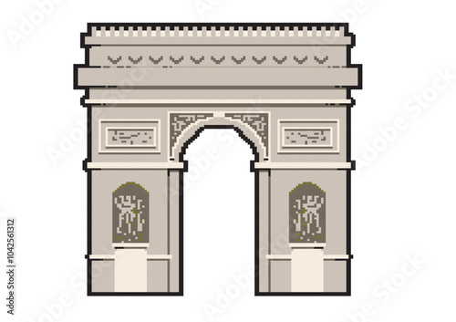 フランス　パリの凱旋門のピクセルアートのイラスト　観光名所　白背景　ベクターデータ