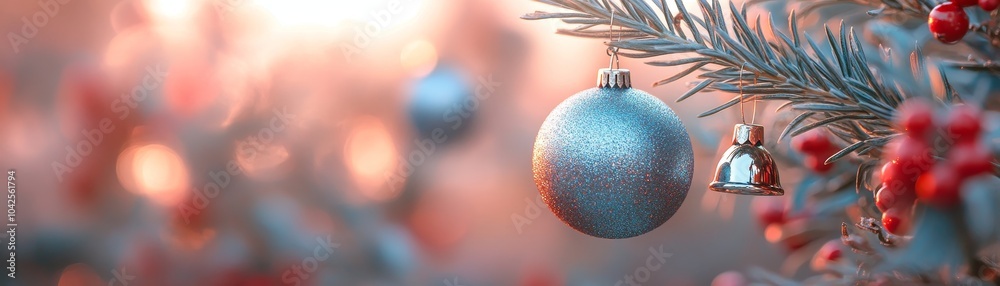 Fototapeta premium Captivating Christmas Ornaments Hanging Elegantly Amidst Lush Evergreen Branches and Festive Berries