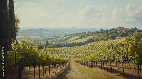 Wallpaper Mural A scenic view of rolling vineyards in Tuscany, Italy, with a small village in the distance. Torontodigital.ca