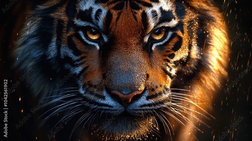 Fototapeta premium Close-Up Portrait of a Tiger with Sparks
