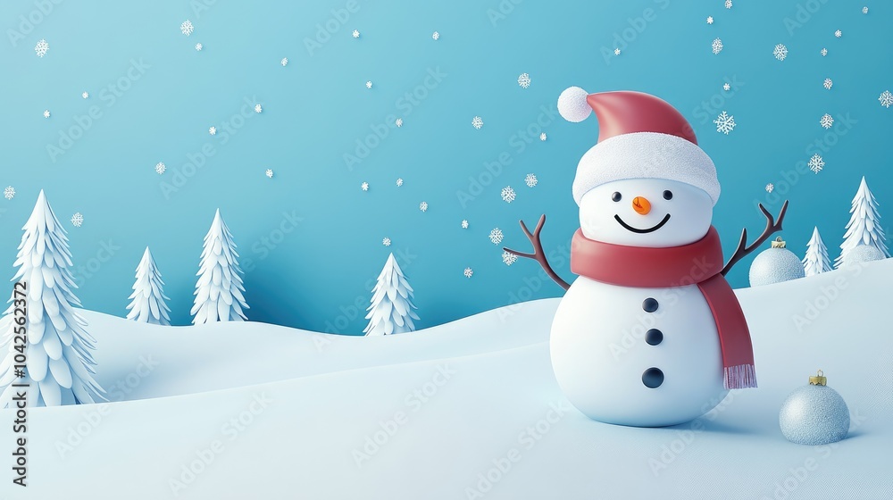 A Smiling Snowman Wearing a Red Scarf and Santa Hat in a Winter Wonderland A Smiling Snowman Wearing a Red Scarf and Santa Hat in a Winter Wonderland