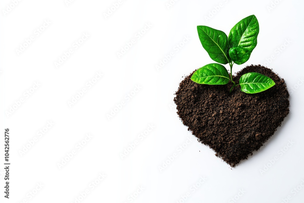 Naklejka premium Green plant growing from heart-shaped soil on a white isolated background.