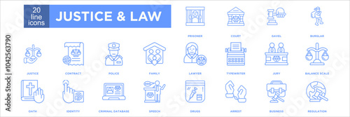 justice & law icon collection set. Containing design prisoner, court, gavel, burglar, justice