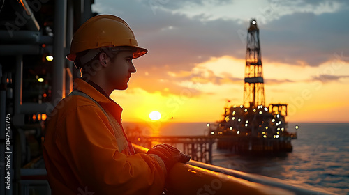 Worker Contemplates Offshore Oil Rig at Sunset