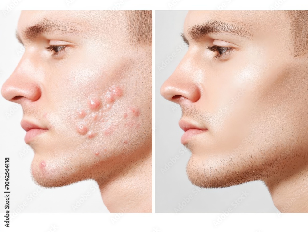 Obraz premium Before and after image showing a man s skin with active acne and the same skin after treatment, highlighting smooth and clear texture