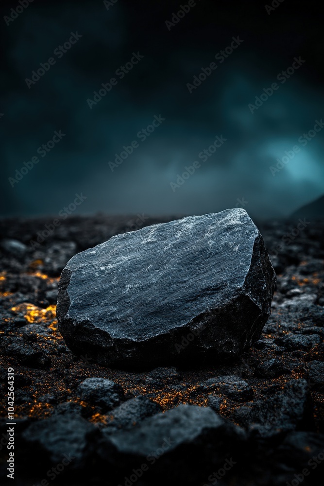 Lone rock on rocky terrain, misty atmospheric background, dramatic lighting. Lone rock on rocky terrain, misty atmospheric background, dramatic lighting.