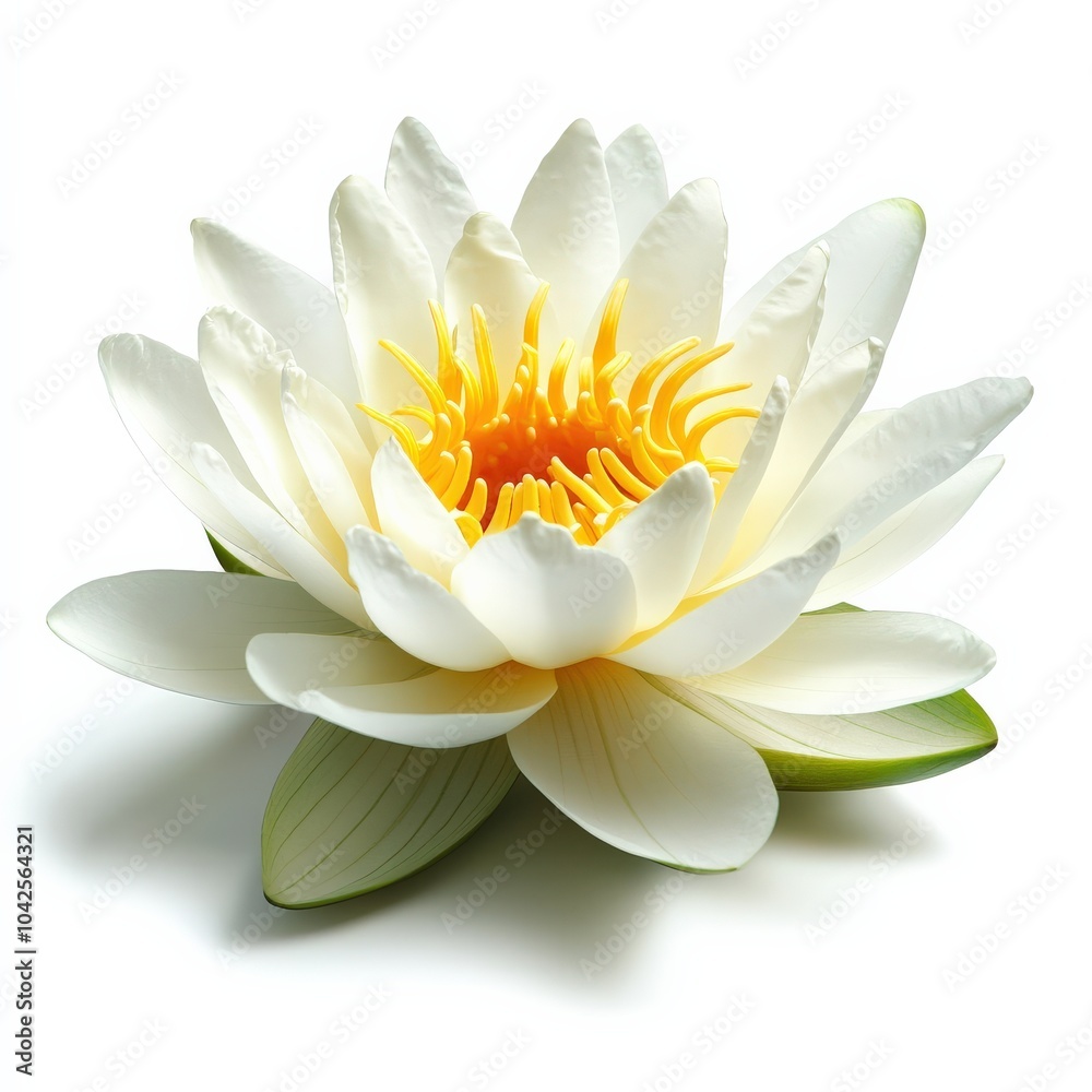 Lush white lotus flower with yellow center, isolated on a white background.